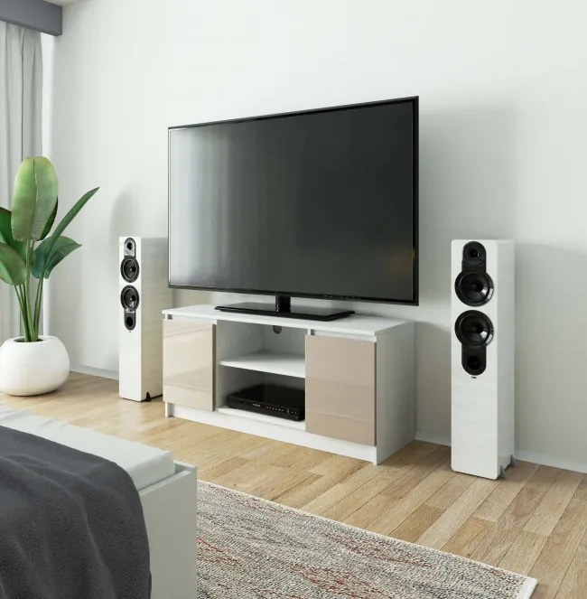 Stolík pod TV RTV 120 2D 1P biely / cappuccino, lesk