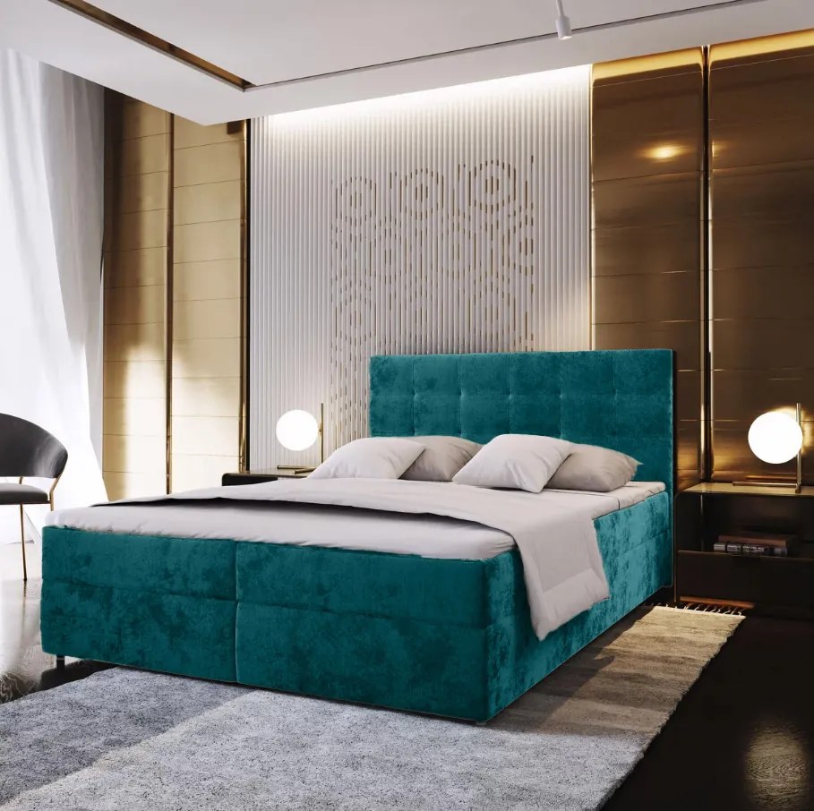 Čalúnená posteľ boxspring GLORIEN VELVET 180x200 cm tyrkysová Matrac: Bonell pružinová matrac