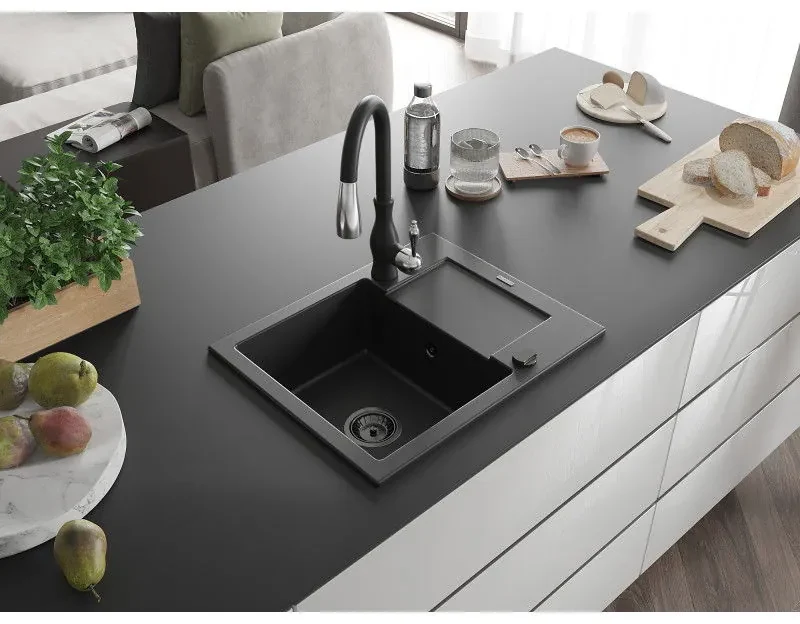 Mexen Enzo, 1-komorový granitový drez 576x465x174 mm a drezová batéria Savita, čierna, 6506-77-672601-70-B