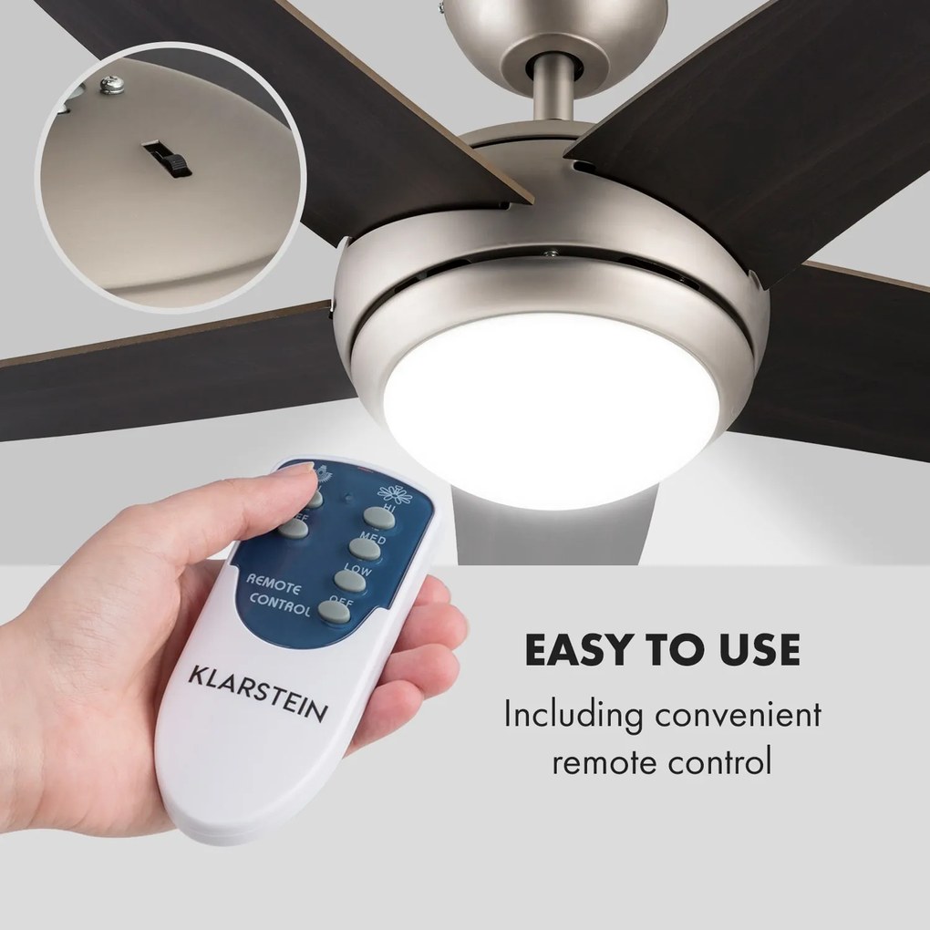 Klarstein Bolero, stropný ventilátor so svietidlom, 55 W, 134 cm, diaľkový ovládač, orechové ramená