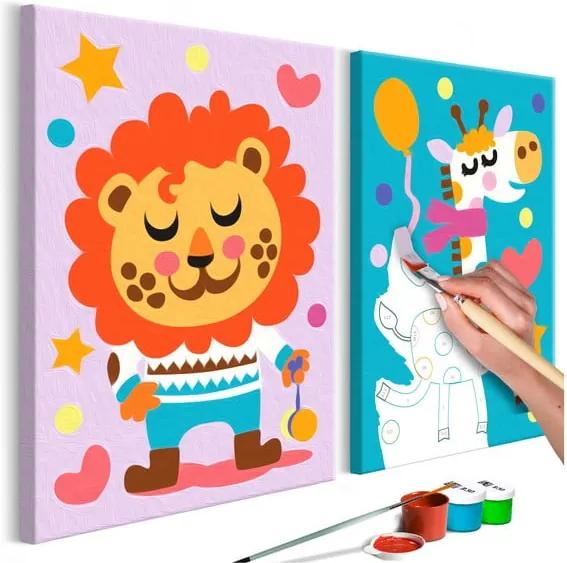 DIY set na tvorbu vlastného dvojdielneho obrazu na plátne Artgeist Lion & Giraffe, 33 × 23 cm