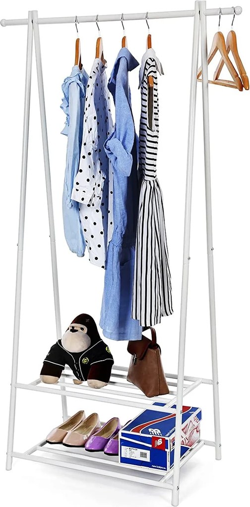 Kovový stojan na šaty s policami na topánky, krémovo biely