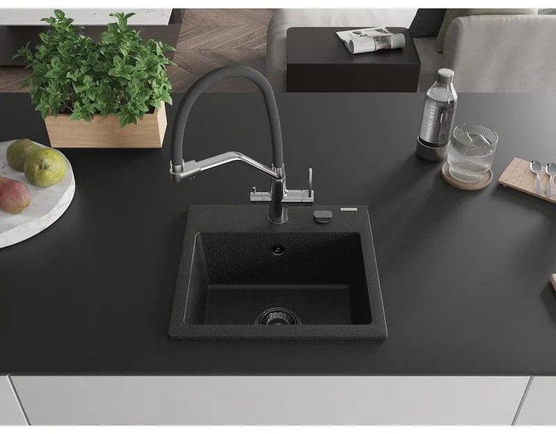 Mexen Milo, granitový drez 435x410x171 mm, 1-komorový a drezová batéria Duo, čierna-strieborná metalíza, 6505-73-671701-07-B