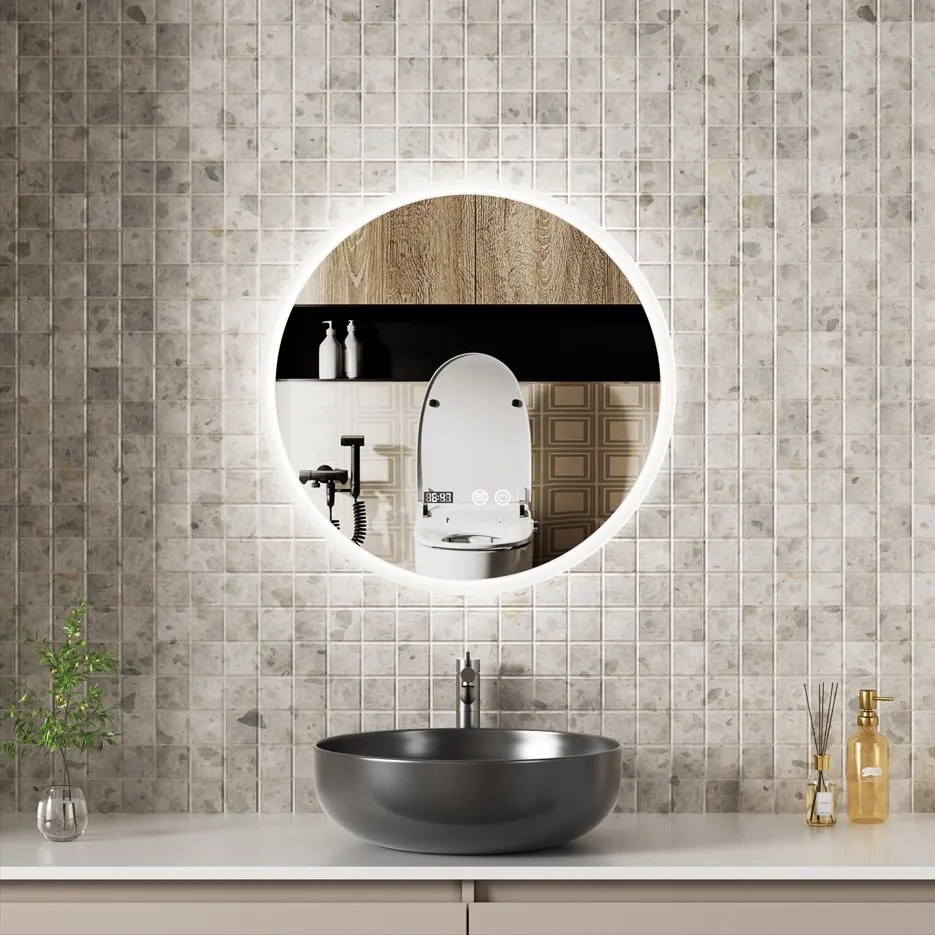 Erga Deam, okrúhle LED zrkadlo 60cm, 3 farby svetla, predné osvetlenie, vyhrievacia podložka proti zapareniu, ERG-V01-Deam-6060-CL