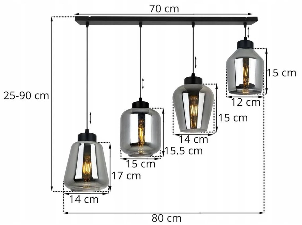 Závesné svietidlo Rijeka 3, 4x grafitové sklenené tienidlo