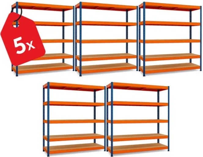 Akcia 5x Regál 216x140x50 cm profesionálny 5-policový, nosnosť 1500 kg - modro-oranžový