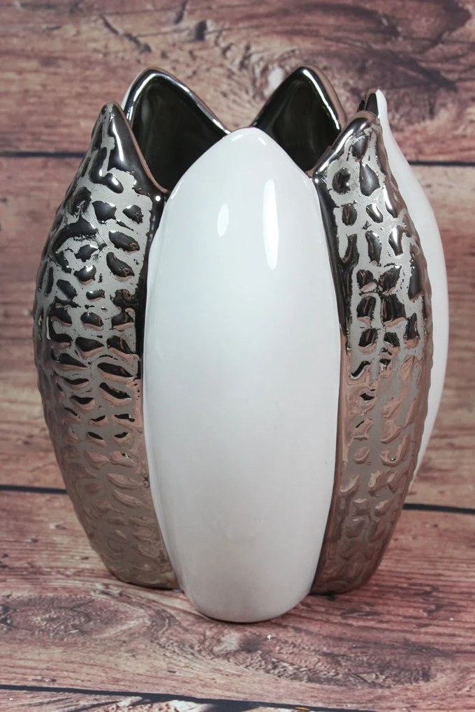 Keramická váza v tvare TULIPÁNU - bielo-strieborná (v. 20 cm) VZOR 2.