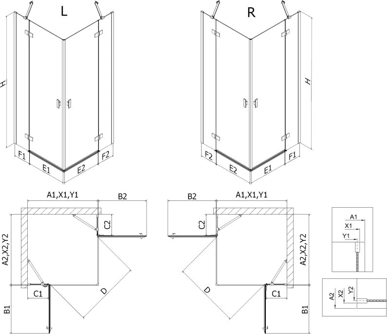 Mexen Mist-H Duo, 2-krídlový výklopný sprchový kút 70 x 105 cm, číre sklo, čierny profil, 8A5-070L-105P-70-00