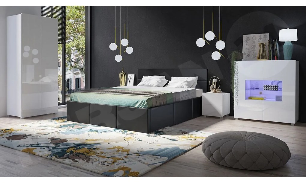 Spálňa Bralani XIX, Farby: dub zlatá, Dostupné poťahy: ekokoža Soft 011, Osvetlenie: osvetlenie LED modré