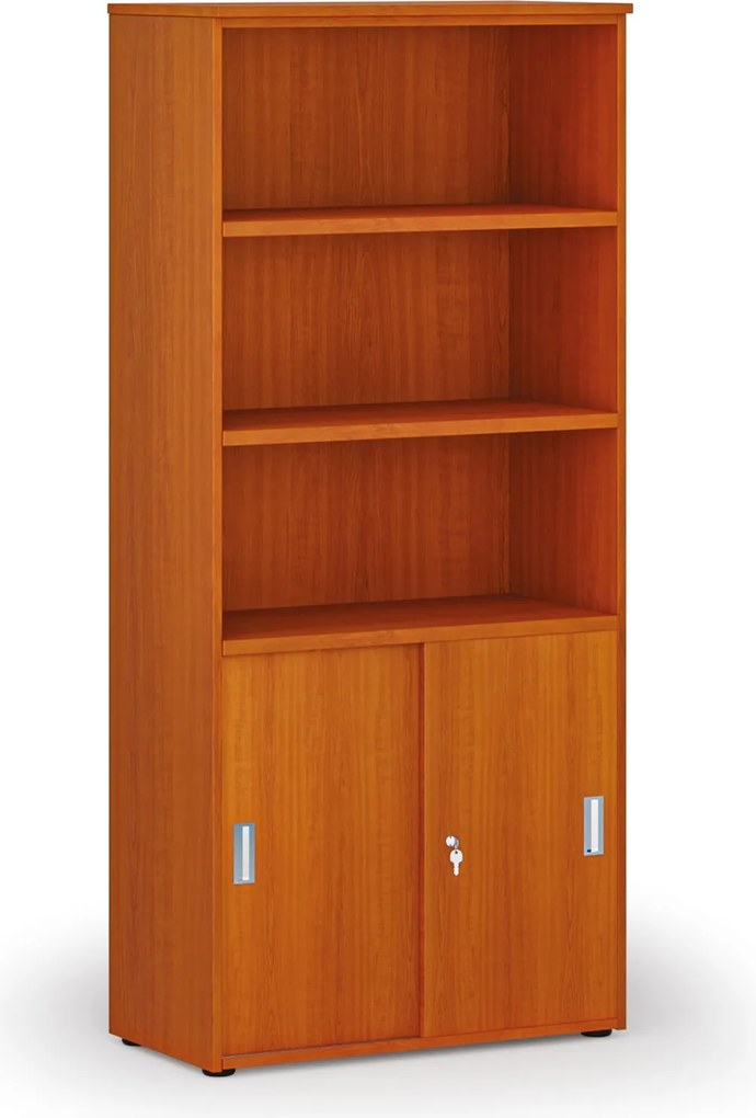Kombinovaná kancelárska skriňa PRIMO WOOD, zasúvacie dvere na 2 poschodia, 800 x 420 x 1781 mm, čerešňa
