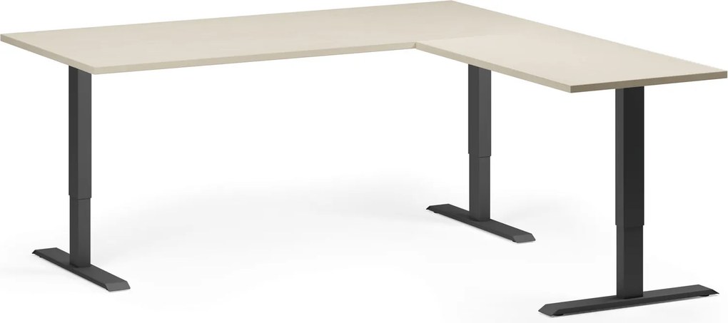 Výškovo nastaviteľný stôl, 180x180 cm, 3 motory, L/P, čierna podnož, breza