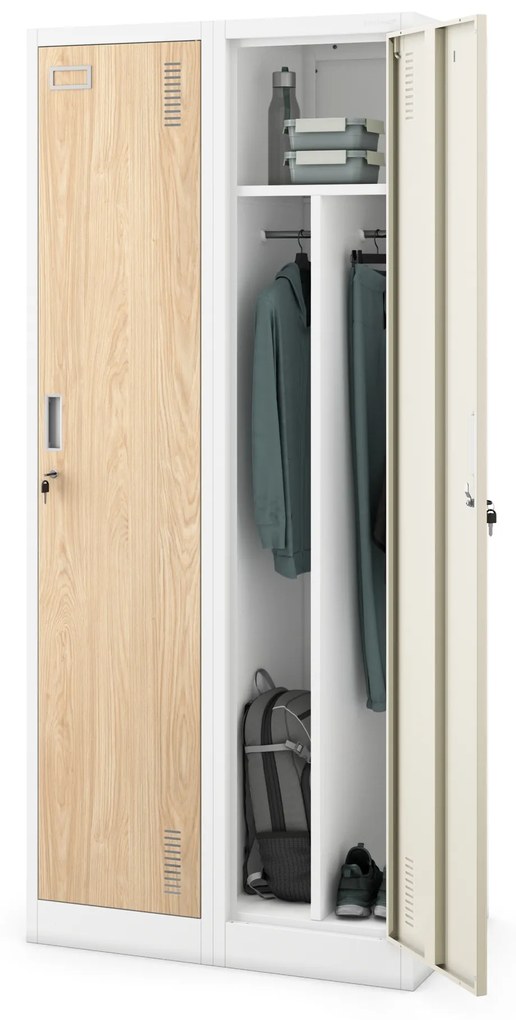Kovová šatňová štvormodulová skriňa na sokli s policou KACPER, 800 x 1800 x 500 mm, Eco Design: biela/ dub sonoma