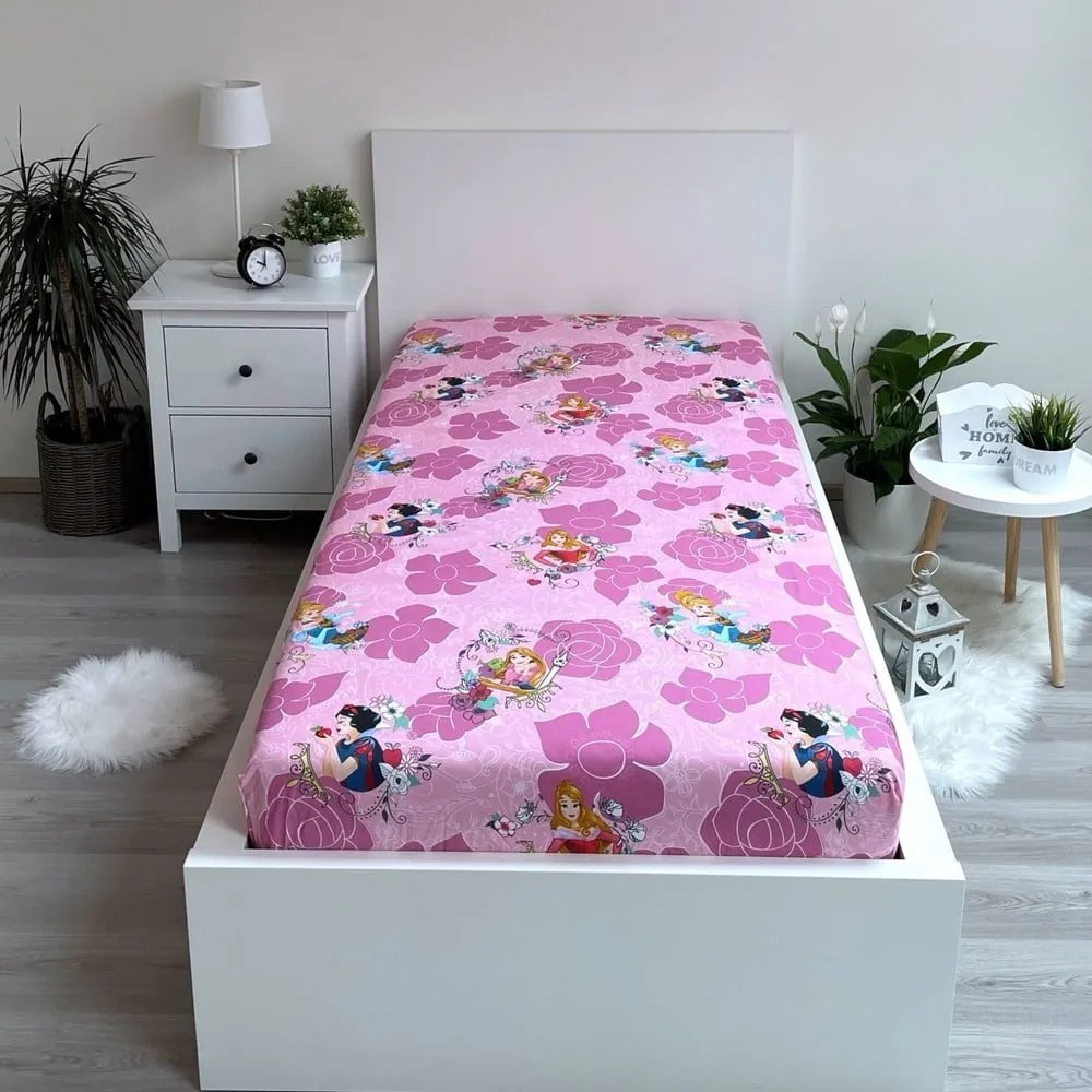 Ružová napínacia bavlnená detská plachta 90x200 cm The Pincesses "Pink" – Jerry Fabrics