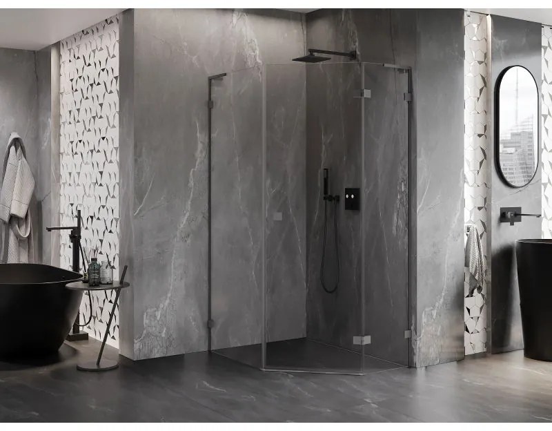 Mexen Lunar, L výklopný päťuholníkový sprchový kút pravý 90 x 100 cm, 8mm číre sklo, grafitový profil, 831L-090P-100L-95-00-P