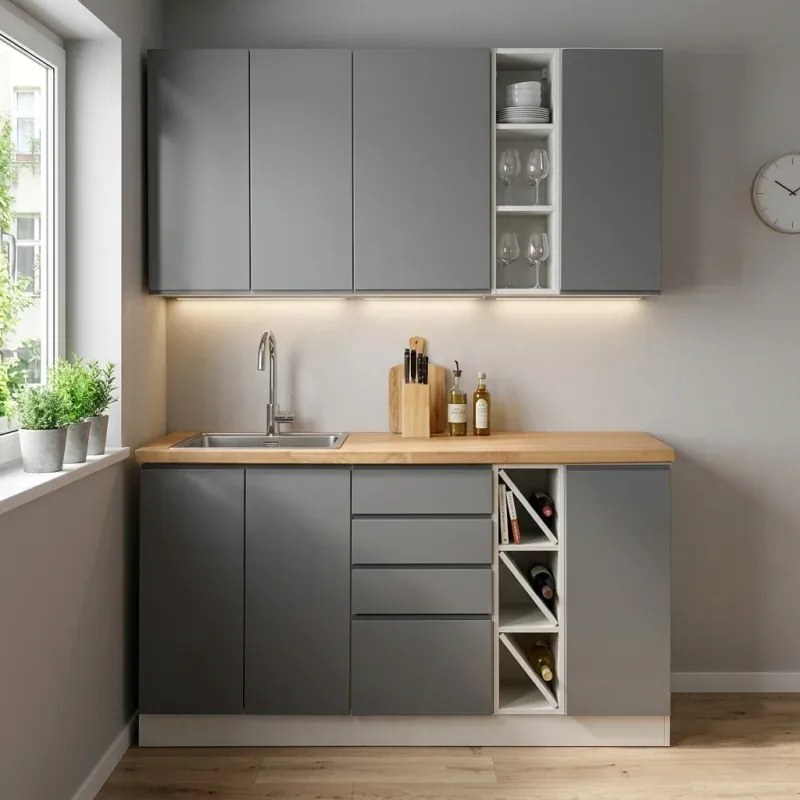 Kuchynská linka Aspen sivá - 150 cm, sivá lesk / biela mat