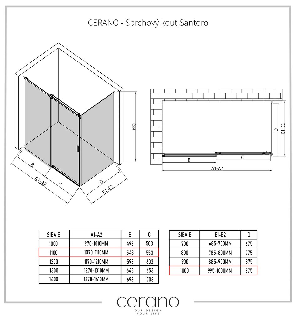 Cerano Santoro, sprchovací kút s posuvnými dverami 110(dvere) x 100(stena) x 195 cm, 6mm číre sklo, chrómový profil, CER-CER-425107