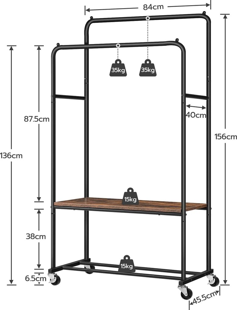 Pojízdný stojan na oblečení Vasagle Rawstone černý/hnědý