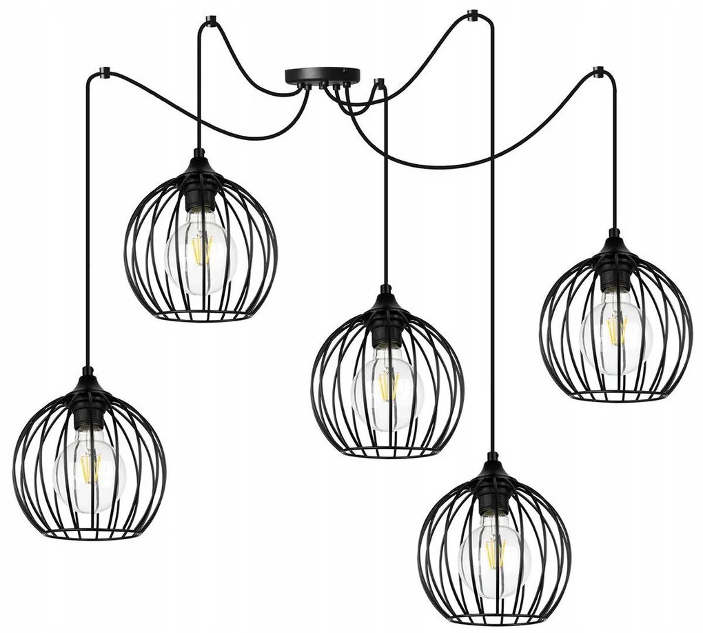 Závesné svietidlo Toronto Spider, 5x čierne drôtené tienidlo