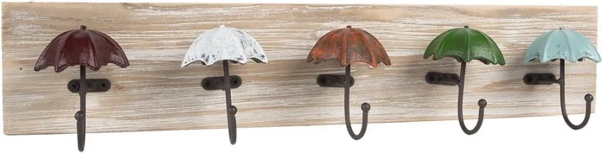 Drevený nástenný vešiak s 5timi háčikmi s dáždnikmi Umbrella - 60*10*12 cm