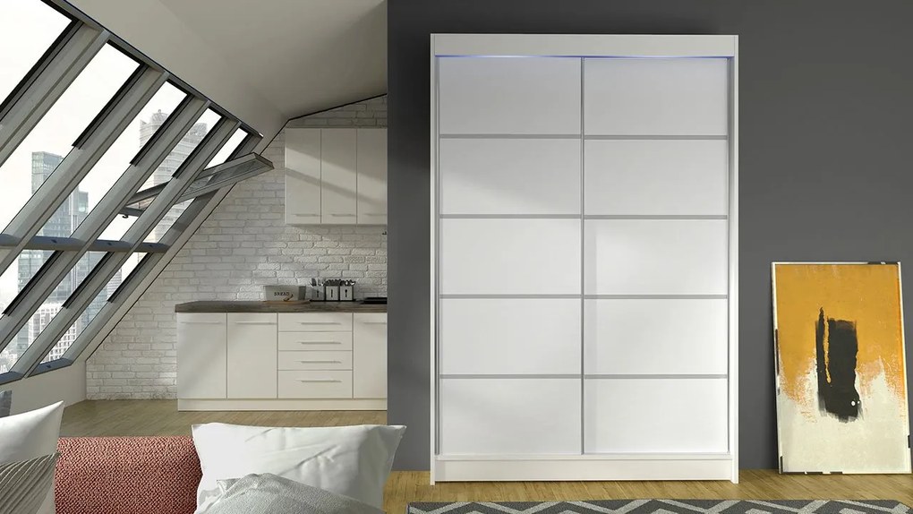 Posuvná šatníková skriňa Parys IV, Farby: biely / dub artisan, Osvetlenie: osvetlenie LED RGB - farebné