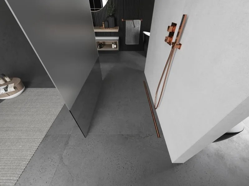 Mexen Kioto, sprchová zástena Walk-In 140 x 200 cm, 8mm číre sklo-námraza, medený matný profil, 800-140-002-65-35