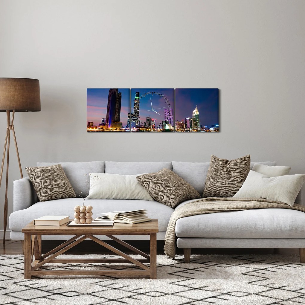 Obraz nočného mesta (s hodinami) (90x30 cm)