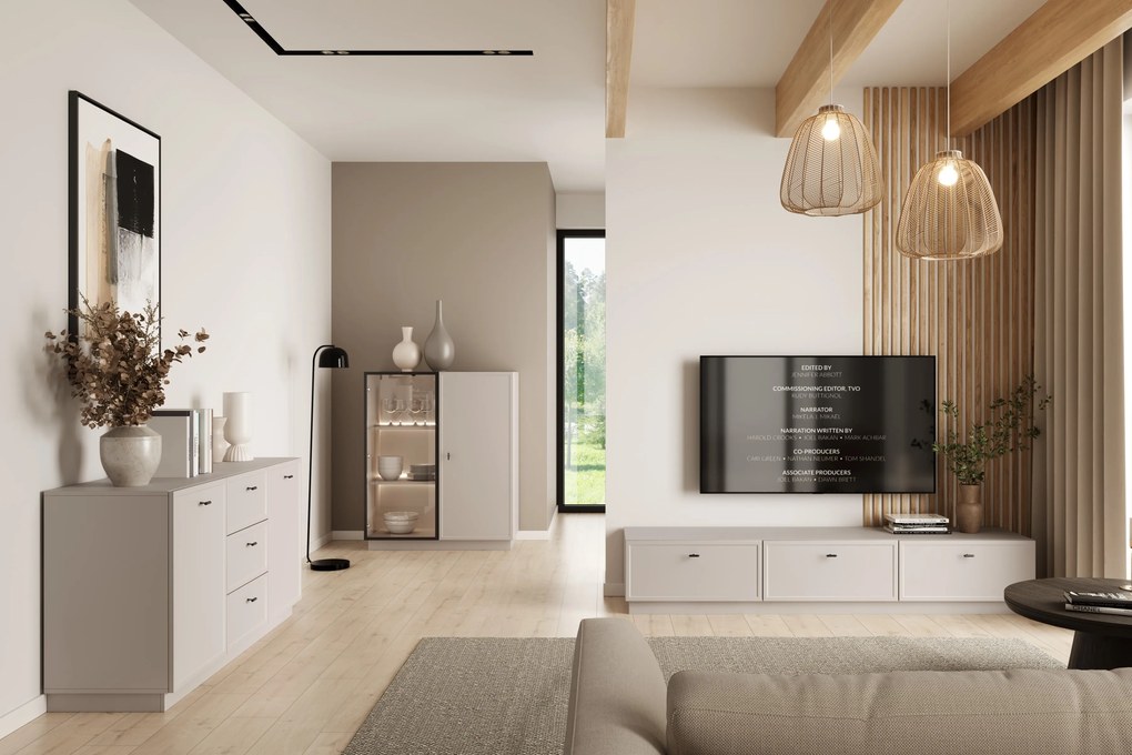 TV stolík Lorini 200 cm na sokli – kašmírová / čierna / úchytky T