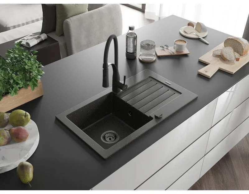 Mexen Pablo, 1-komorový granitový drez 752x436x161 mm a drezová batéria Aster, čierna-zlatá metalíza, 6510-75-73450-70-B