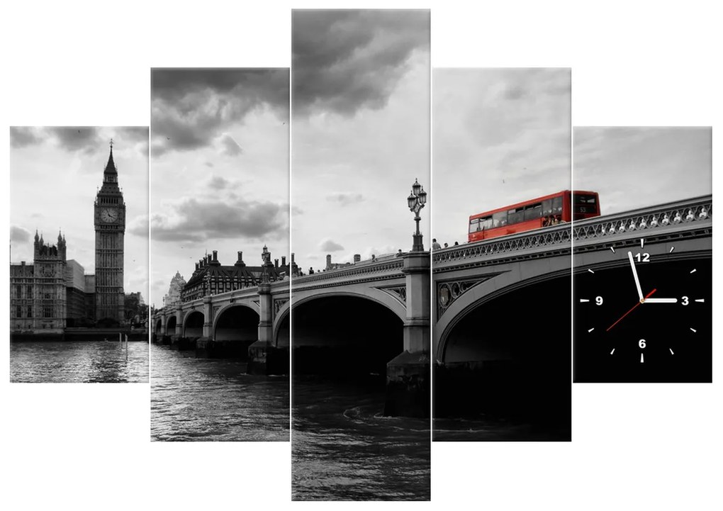 Gario Obraz s hodinami Londýnskym autobusom k veži Big Ben - 5 dielny Rozmery: 150 x 105 cm