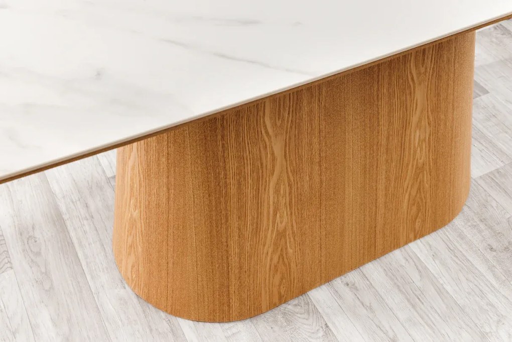 Jedálenský stôl UNIQUE 200 cm rám z dubového dreva s dyhovanou keramikou a doskou z bieleho mramoru