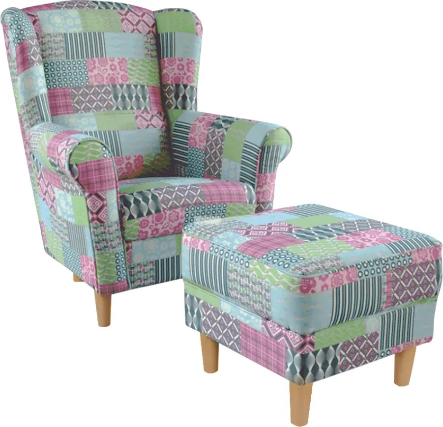 Kreslo ušiak s taburetom, látka patchwork M1, ASTRID