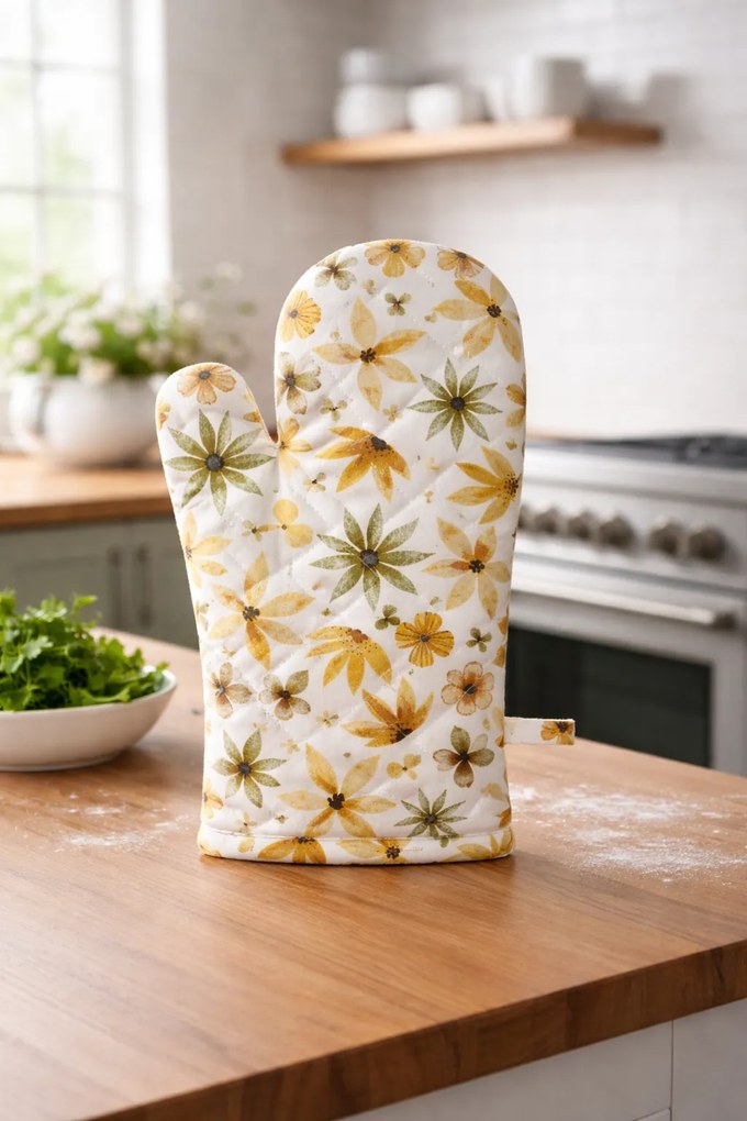Kuchynská chňapka Žlté a olivové kvety bavlnená 18x28 cm s magnetom