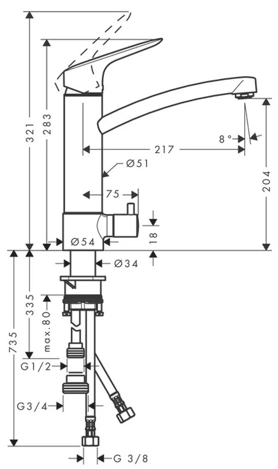 Hansgrohe Logis, páková drezová batéria 220, s uzatváracím ventilom, chrómová, HAN-71834000