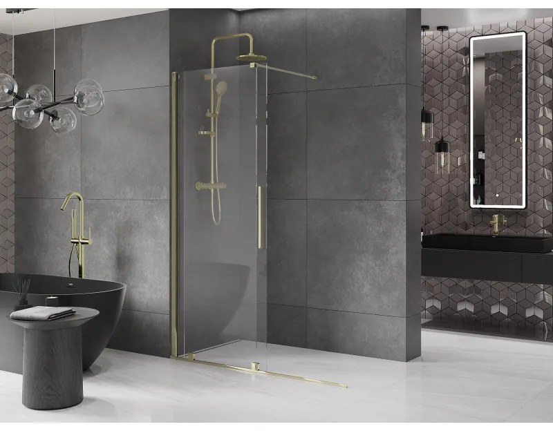 Mexen Velar, posuvné dvere do otvoru typ Walk-In 140 cm, 8mm číre sklo, zlatá lesklá, 871-140-000-03-50