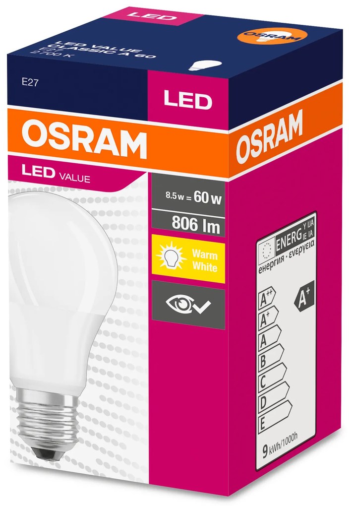 OSRAM LED žiarovka VALUE, E27, A60, 8,5W, 806lm, 2700K, teplá biela