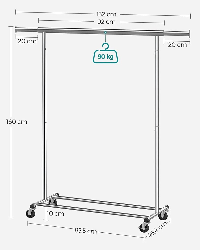 Kovový stojan na šaty s vysokou nosnosťou až 90 kg, strieborný