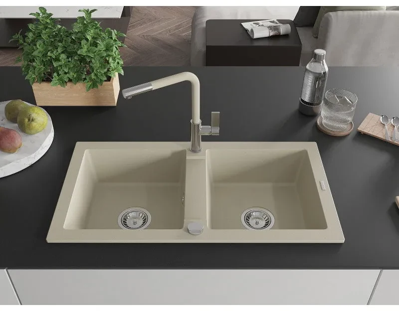 Mexen Mario, 2-komorový granitový drez 820x436x161 mm a drezová batéria Flora, béžová, 6504-69-670401-09