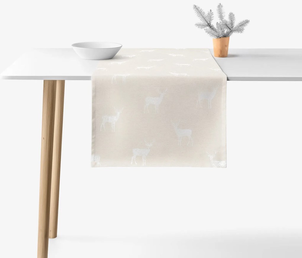 Goldea vianočný behúň na stôl natura – jeleňe na režnej 35x140 cm