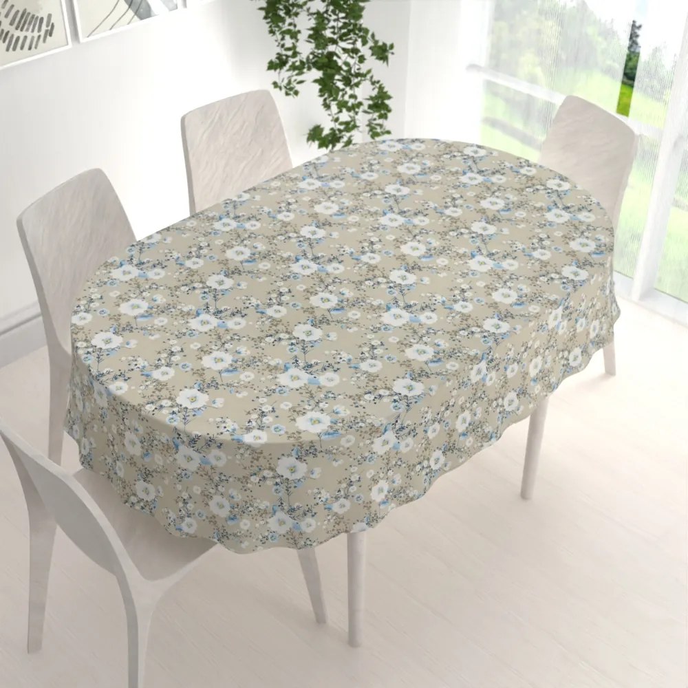 Biante Bavlnený oválny obrus Sandra SA-552 Modré popínavé kvety na béžovom 140x220 cm
