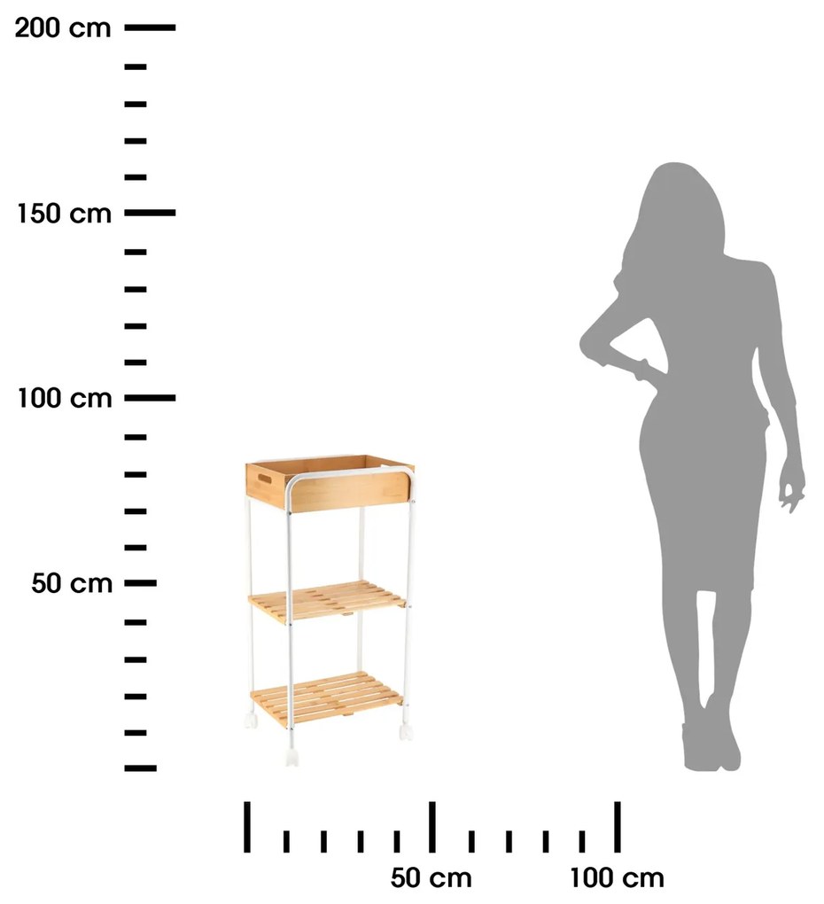 Polička do kúpeľne na kolieskach White Bamboo 1, biela/s drevenými prvkami
