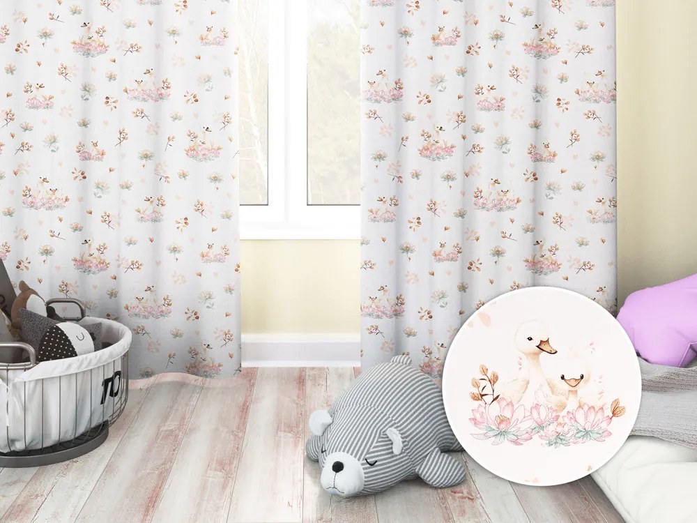 Biante Bavlnený záves Sandra SA-610 Labute medzi leknami na bielom 150x210 cm