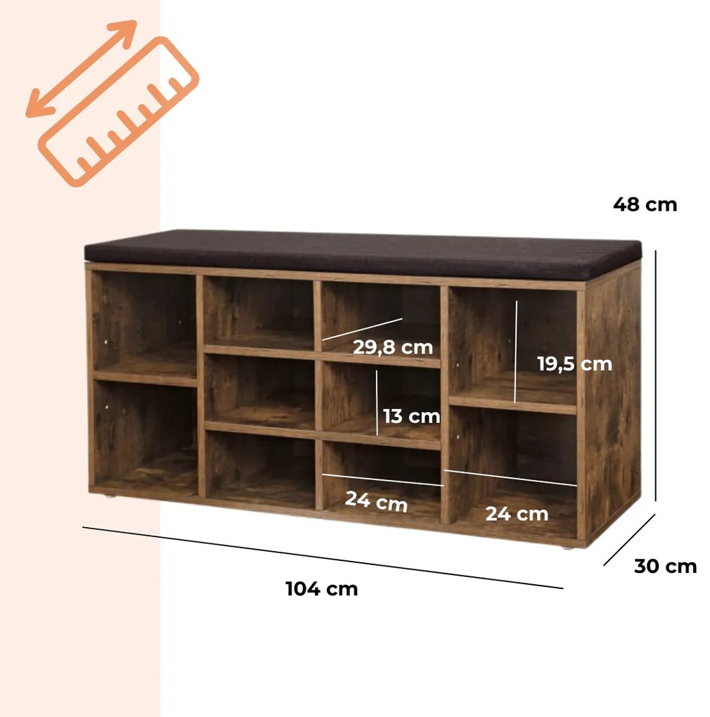 Botník s čalúnenou lavicou GABI, 10 priehradiek, 104x30x48cm, čierna/tmavá hnedá Jurhan