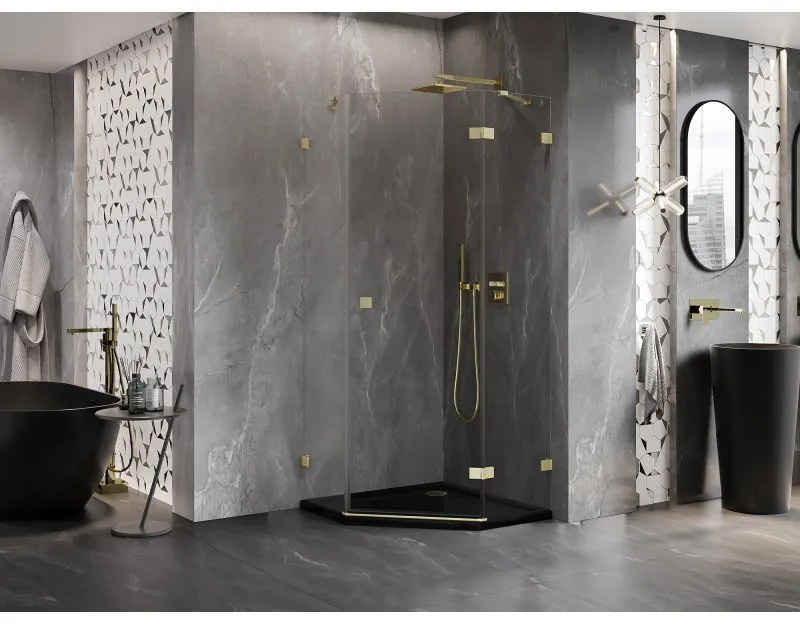 Mexen Lunar, päťuholníkový sprchový kút s pravým sklonom 90 x 90 cm, 8mm číre sklo, zlatý matný profil, 831-090P-090L-55-00-P