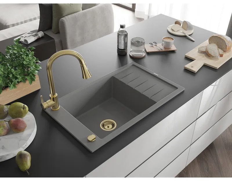 Mexen Elias, 1-komorový granitový drez 795x480x200 mm a drezová batéria Elia, šedá, 6511-71-670101-50