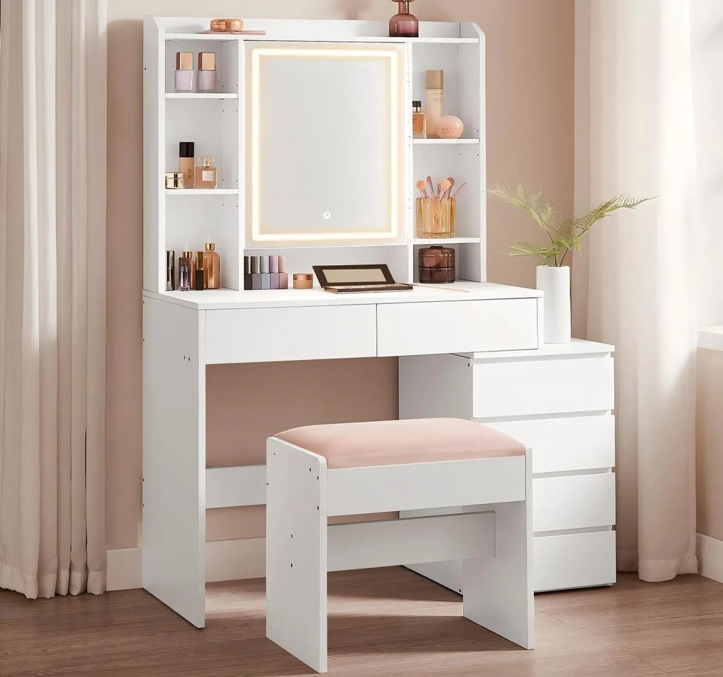 Toaletní stolek s LED osvětlením a taburetem Vasagle Ginny 98 cm bílý