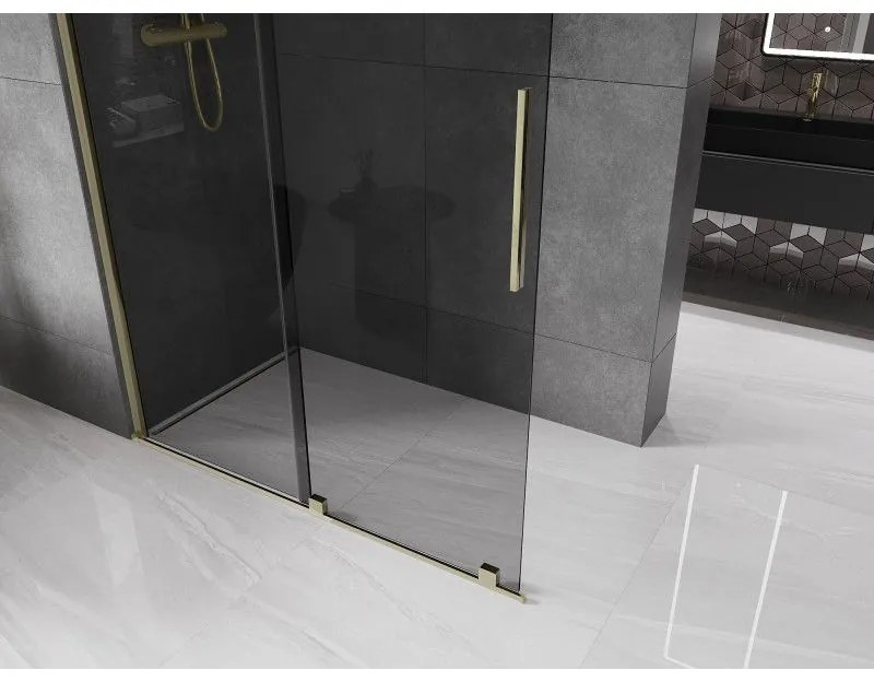 Mexen Velar, sprchová zástena s posuvnými dverami Walk-in 130 x 200 cm, 8mm šedé sklo, zlatá lesklá, 871-130-000-43-50