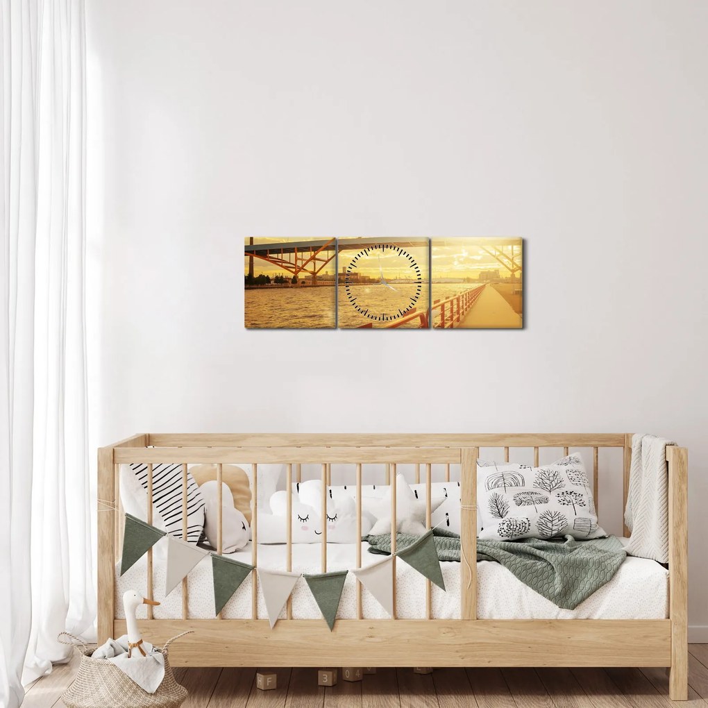 Obraz mosta pri západe slnka (s hodinami) (90x30 cm)