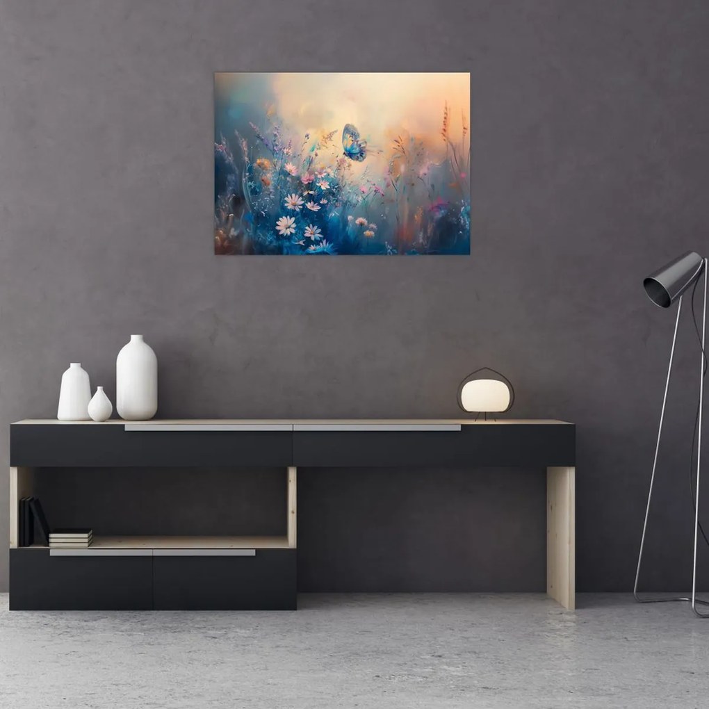 Sklenený obraz - Lúka s motýľom (70x50 cm)