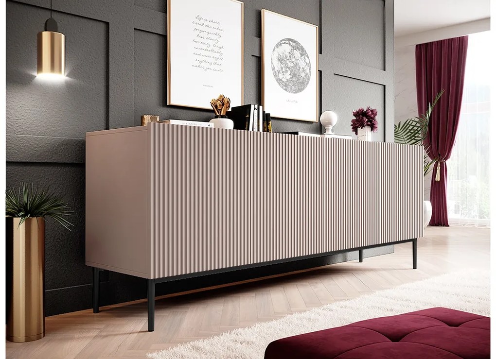 Komoda Nicole 200 cm - staroružová MDF / čierne nožičky
