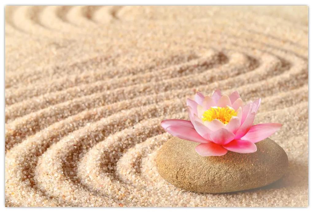 Obraz kameňa s kvetinou na piesku (90x60 cm)